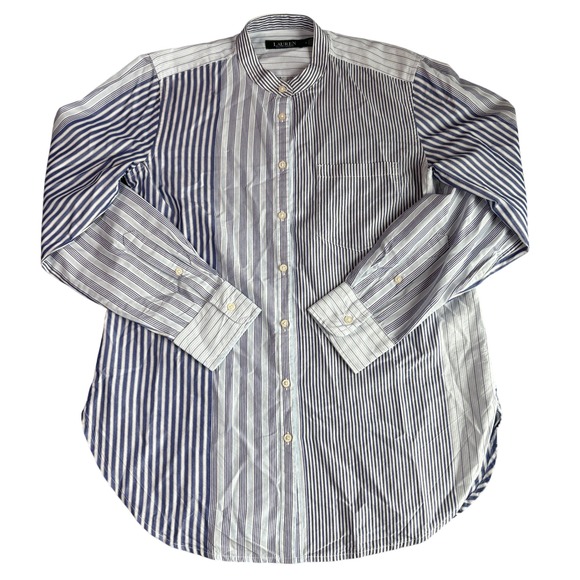 Lauren Ralph Lauren Womens Medium Striped Patch Band Collar Long Sleeve Shirt - Picture 1 of 9